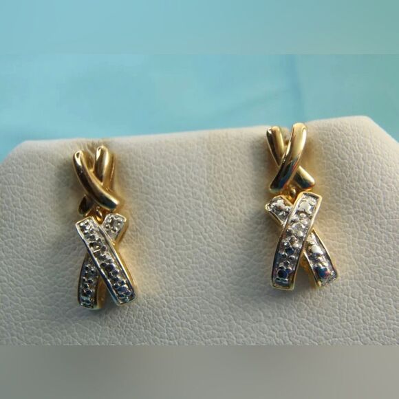 Beautiful 14K Gold Over Sterling Silver X DIAMOND STUD DANGLE Earrings - Picture 5 of 8